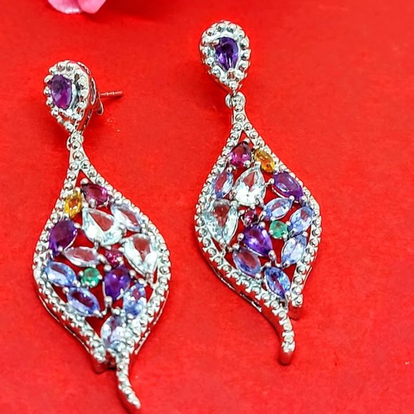 Unheated Natural Blue Aquamarine 6x4mm & Amethyst 925‎ Sterling Silver Earrings - Picture 3 of 7